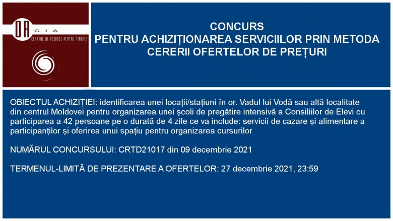 Concurs de selecția furnizorului pentru organizarea Școlii de pregătire intensivă a Consiliului de Elevi