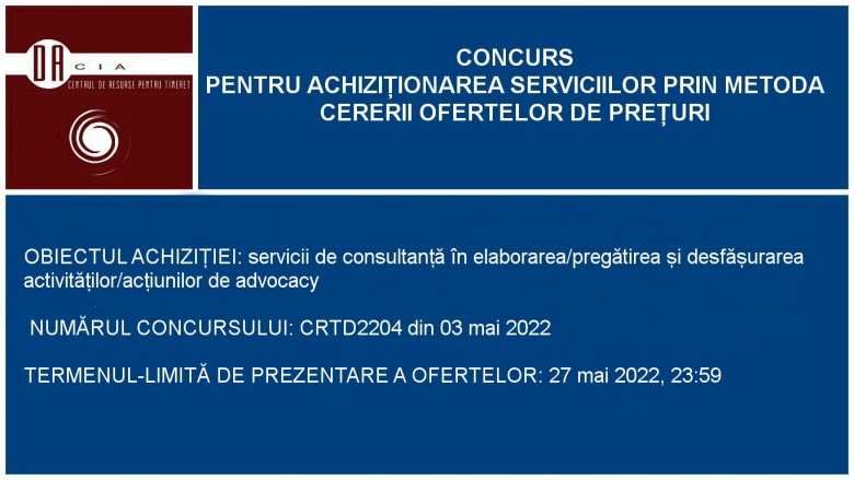 Concurs pentru servicii de consultanță în elaborarea/pregătirea și desfășurarea activităților/acțiunilor de advocacy în suportul activităților Consiliului pentru Participare din raionul Soroca. 